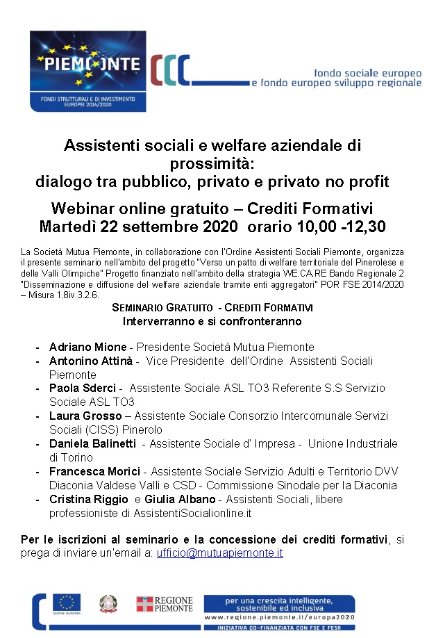 Programma del Webinar gratuito Assistenti sociali e welfare aziendale di prossimità