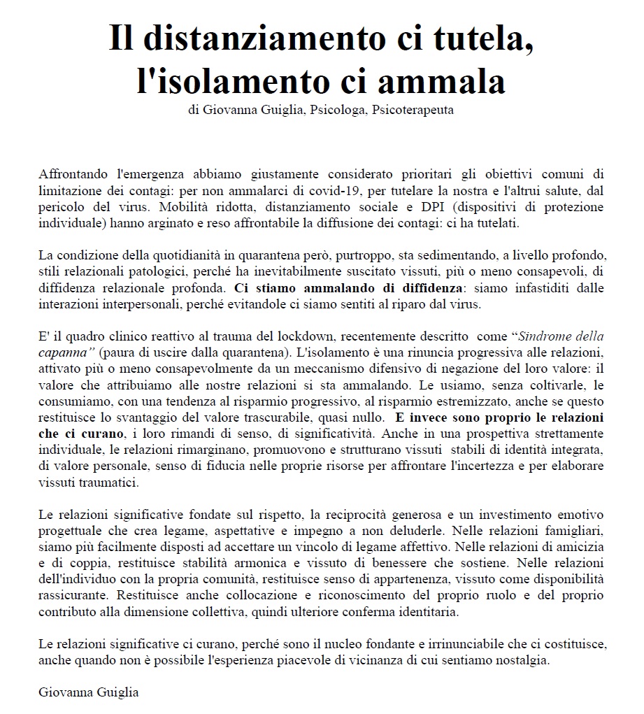 Il distanziamento ci tutela, l'isolamento ci ammala